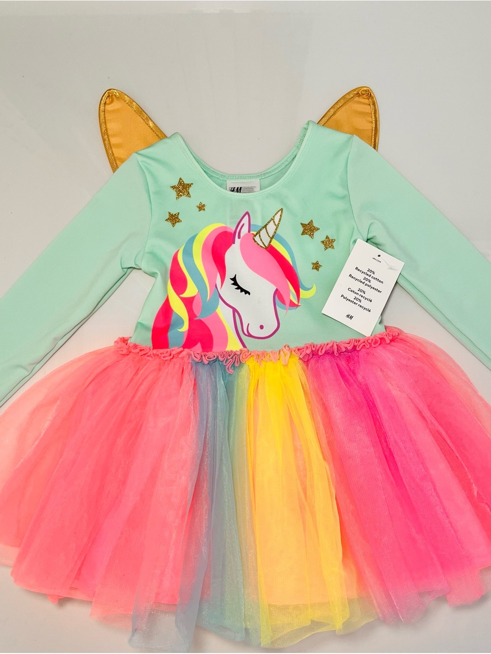 H&M Mint Unicorn Tutu Dress with Gold Ears & Neon Tulle